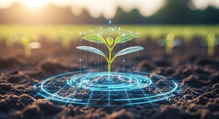Small Plant Sprouting from Soil Surrounded by Digital Network, Symbolizing Modern Agriculture Innovation, Smart Farming, Eco Friendly Technology, Sustainable Growth, and Future of Agri Tech Solutions.