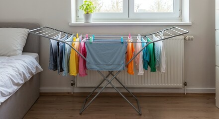 Laundry drying near radiator in bright minimalist room with top view and clean symmetrical layout