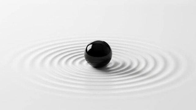 Black spherical object resting on a smooth surface, creating ripples in calm water, minimalistic design