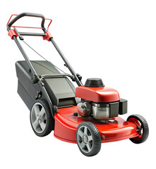 Red gasoline powered lawn mower with grass catcher isolated on transparent background
