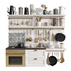 White kitchen with gold accents and decorative shelves