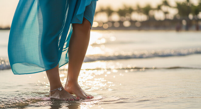 Woman wading in the shallow ocean water