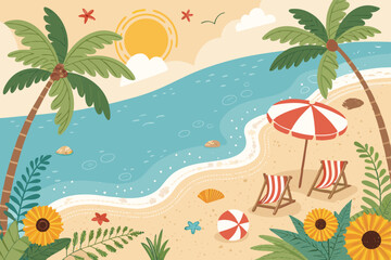 Summer Beach Backgrounds Vector – Tropical Seaside Landscape with Ocean Waves, Sand, Palm Trees, Sunset Sky, Vacation Theme Illustration for Travel, Holiday, and Nature Design Projects

