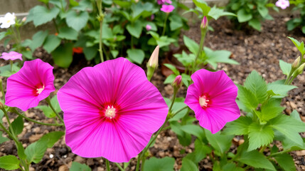 Pink morning glory flowers in garden