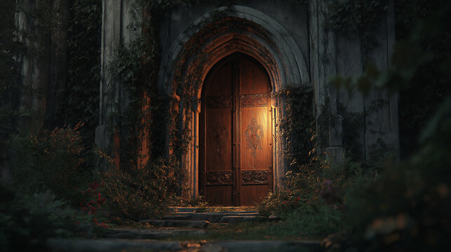 Dark fantasy gothic crypt door overgrown with vines and foliage, ambient ruin entrance in ancient architectural style, mysterious botanical decay illustration for fantasy art