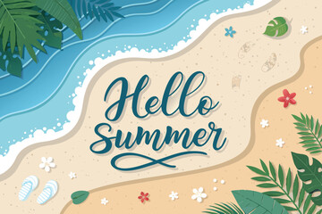 Summer Beach Backgrounds Vector – Tropical Seaside Landscape with Ocean Waves, Sand, Palm Trees, Sunset Sky, Vacation Theme Illustration for Travel, Holiday, and Nature Design Projects

