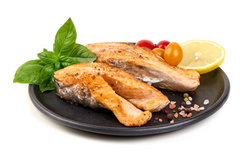 Salmon Fillet Dish with Basil, Tomato, Lemon, isolated on white background
