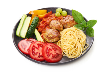 Meatballs, Pasta, Vegetables on Plate, isolated on white background