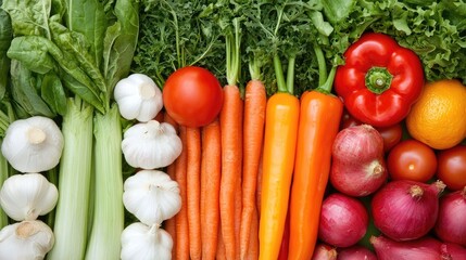 Assortment of freshly harvested locally grown vegetables and produce for preparing a wholesome farm to table style home cooked meal  Healthy sustainable food ingredients including tomatoes carrots