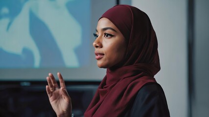 Confident Muslim Businesswoman Giving a Presentation in Hijab – Professional Corporate Speech and Leadership Moment