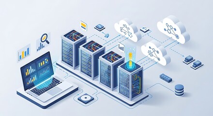 Isometric illustration of cloud computing network connecting to servers and a laptop data analysis.