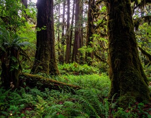 Obraz premium Dreamy enchanted forest at twilight with volumetric rays of soft, ethereal starlight filtering through a lush, magical landscape of moss and ferns