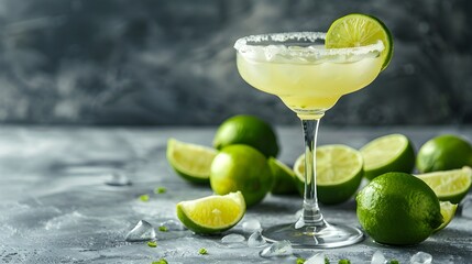 Refreshing Margarita Cocktails with Lime in Elegant Glasses on Gray Background