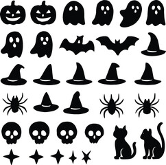 Assorted Halloween Icon Silhouettes Pumpkins Ghosts Bats Hats Spiders Skulls Stars and Cats