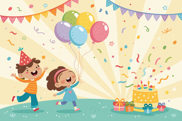 Colorful Happy Birthday Greeting Card Background Vector – Festive Celebration Design with Balloons, Confetti, Typography, Party Elements, Ideal for Invitations and Social Media Graphics

