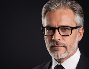 Focused Professional Portrait: A sophisticated, mature individual with stylish glasses and a composed expression, against a stark black backdrop.