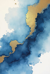 Obraz premium An elegant and luxurious abstract background featuring a beautiful blend of blue watercolor texture and rich, flowing gold foil accents for a modern, artistic design. 