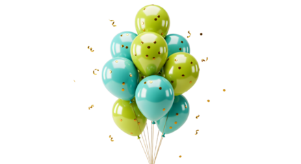 Blue and green helium balloons with gold confetti isolated on white background, perfect for birthday parties and celebrations