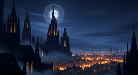 Fototapeta premium Mysterious gothic skyline illuminated by full moonlight and distant city lights, blending medieval architecture with a modern horizon in a moody night scene.