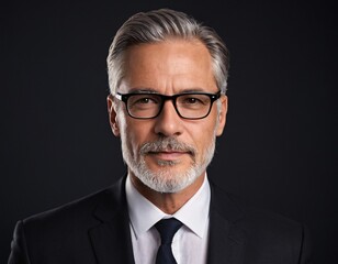 Distinguished Executive: A portrait of a confident and accomplished mature businessman with glasses, exuding professionalism and experience, set against a neutral backdrop.