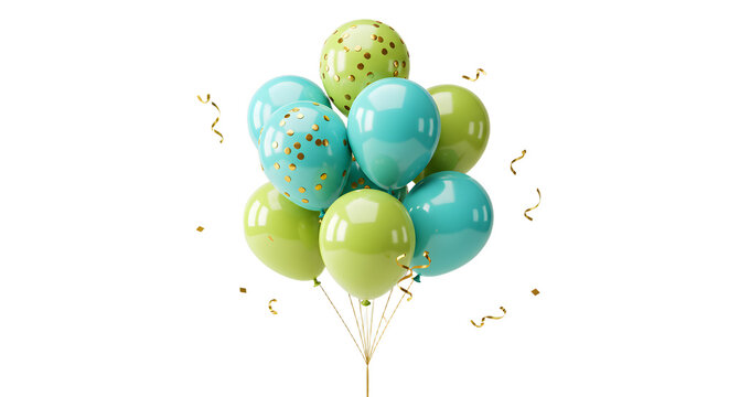 Cluster of blue and green balloons with gold confetti and ribbons isolated on white, festive decoration perfect for celebrations and parties