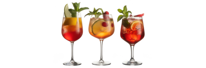 Three colorful layered juice with fruit and mint isolated on transparent background
