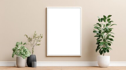 Fototapeta premium Vertical poster frame with indoor plants against beige wall and wooden floor.