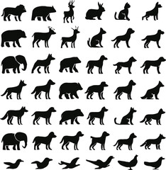 Collection of Animal Silhouettes Mammals Birds and More in Black on White