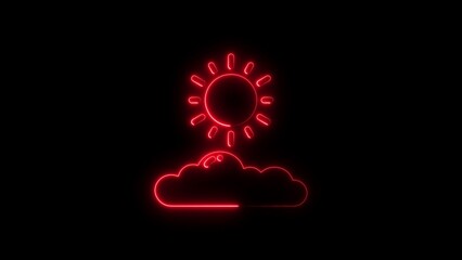 Red neon weather icon showing sunshine and cloud against a dark black background