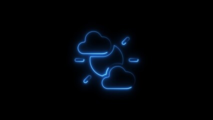 Glowing blue neon weather icon depicting cloudy moon and rain on black background