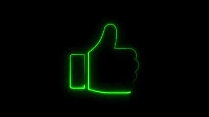 Green neon thumbs up symbol on black background representing agreement and approval