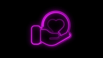 Glowing neon hand holding heart symbol with love donation concept on black background