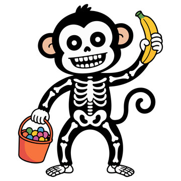 A cute monkey dressed as a skeleton is holding a banana and a bucket of candies