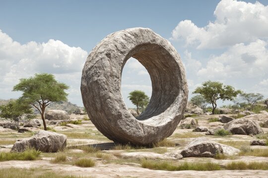 Large, ring-shaped stone in a dry, desert landscape