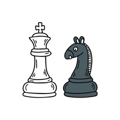 Doodle illustration of a white king chess piece across from a black king