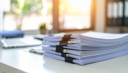 A visually appealing macro scene showing detailed paperwork organization in a clean, productive workspace — great for business and admin visuals.