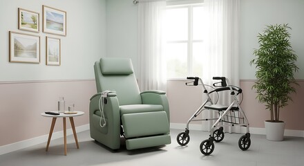 Serene and accessible room for senior living featuring a supportive recliner chair and a walker for mobility assistance.