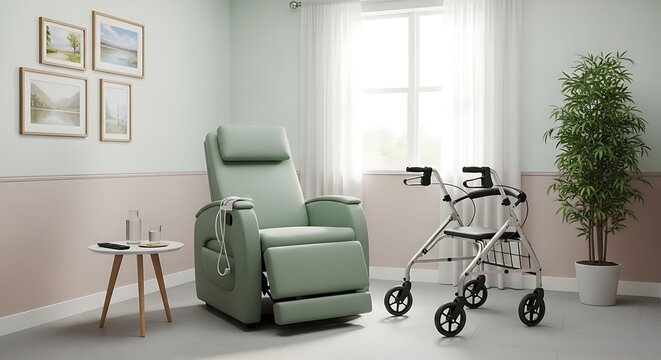 Serene and accessible room for senior living featuring a supportive recliner chair and a walker for mobility assistance. - Powered by Adobe