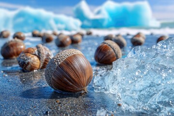 Brown acorns on dark sand, beside icebergs