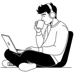 Young Man Drinking Coffee While Using Laptop Simple Flat Vector Illustration