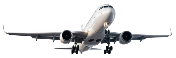 Modern passenger jet airplane ascending in flight isolated on transparent background