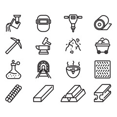 Set of metallurgy line icons. Thin line style vectors. Contains icons such as metal, processing, mining, and more.