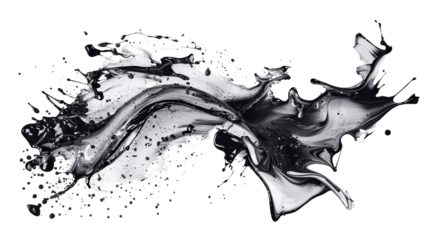 Abstract black and silver liquid splash, creating dynamic movement and a striking visual impact.