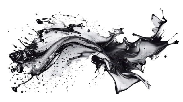 Abstract black and silver liquid splash, creating dynamic movement and a striking visual impact.
