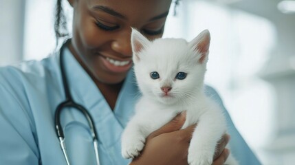 Caring Veterinary Examining a Cute White Kitten in a Clinic Capturing a Tender Moment of Compassion and Trust Between the Pet and the Professional