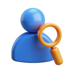 3d blue user icon with orange magnifying glass isolated on transparent background