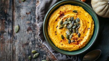 A vibrant bowl of pumpkin hummus garnished with seeds and spices, set against a rustic wooden background, perfect for autumn-themed dishes and healthy snacking.