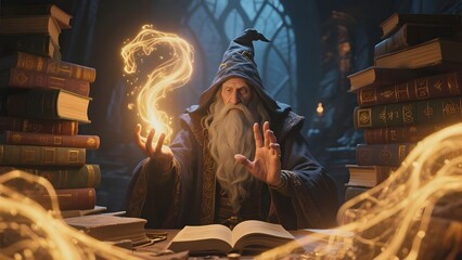 A wizard in a library conjures a glowing question mark, surrounded by books and mystical energy.