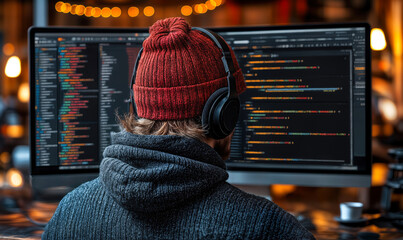 Software developer wearing red knit hat and headphones working on coding and programming on dual monitors with dark background in cozy workspace environment at night
