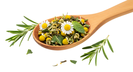 Wooden spoon with herbal tea mix featuring chamomile flowers and green leaves on white background, perfect for health and wellness content